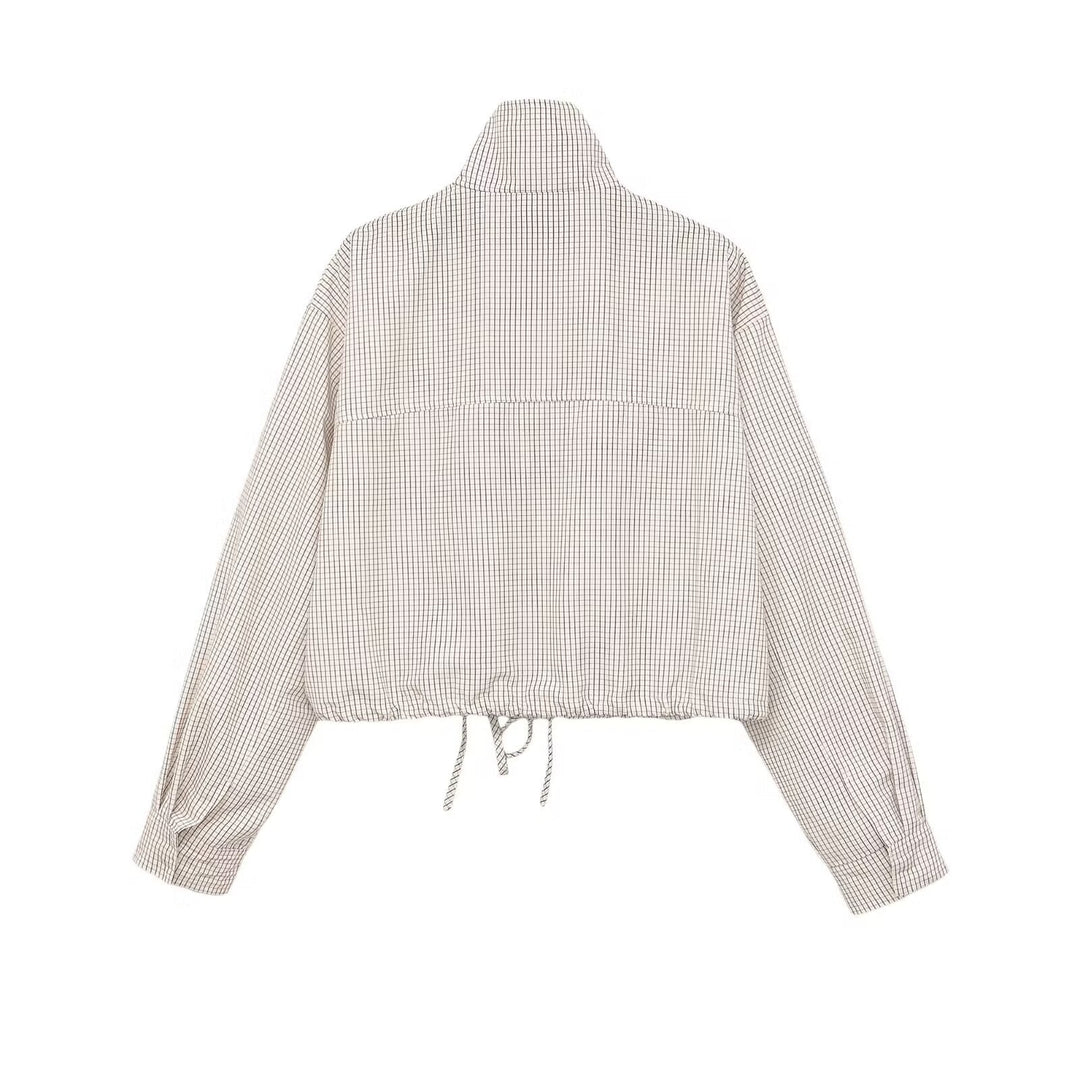 Women Cropped Checked Transitional Jacket with High Collar and Drawstring