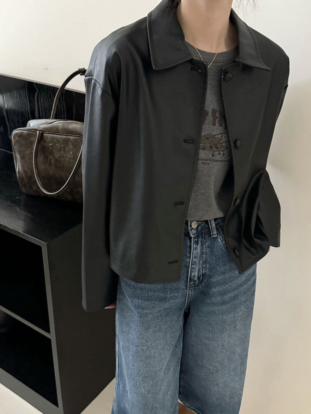 Women Short Boxy Leather Jacket with Shirt Collar