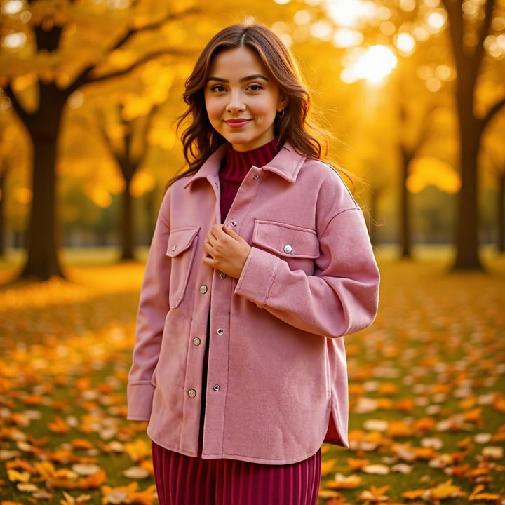 Women Oversize Wool Blend Shacket with Snap Button Front and Patch Pockets