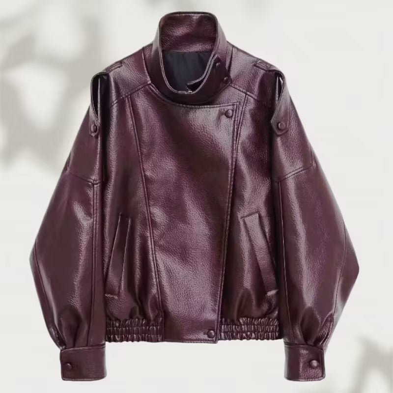 Women Oversized Faux Leather Biker Jacket with Asymmetric Lapel, Stand Collar, and Waist Drawstring