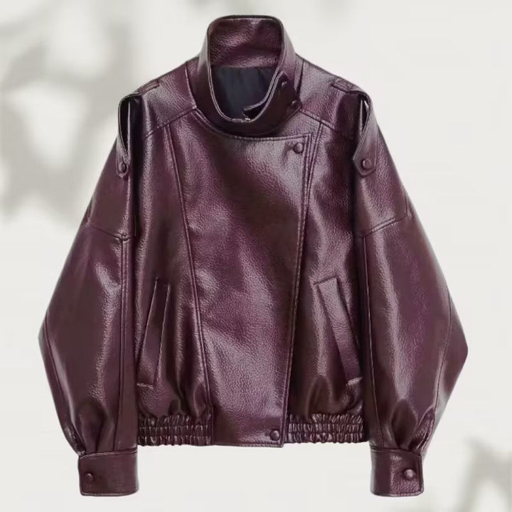 Women Oversized Faux Leather Biker Jacket with Asymmetric Lapel, Stand Collar, and Waist Drawstring