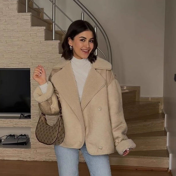 Ladies short jacket in lamb fur look with shawl collar and side patch pockets