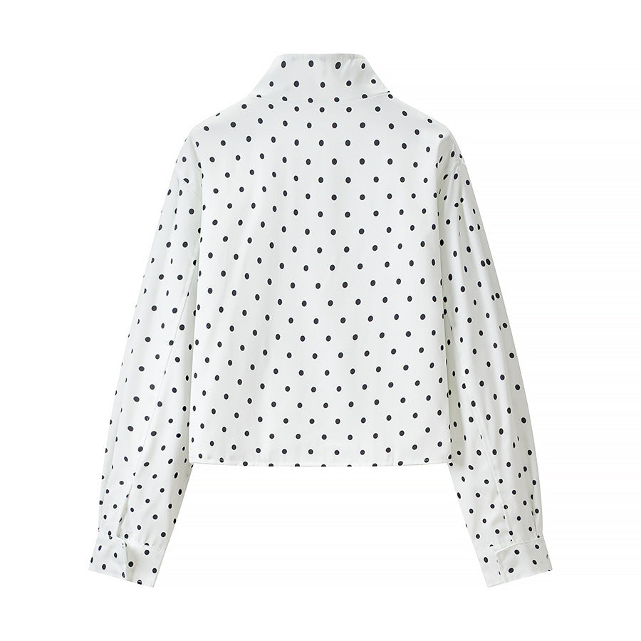 Women Polka Dot Short Jacket with Stand Collar and Concealed Snap Button Placket