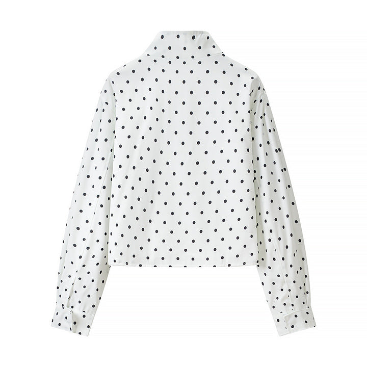 Women Polka Dot Short Jacket with Stand Collar and Concealed Snap Button Placket