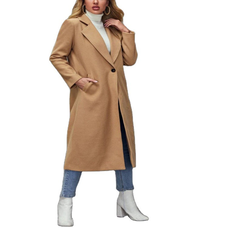 Women Maxilength Wool Blend Classic Coat with Minimalist Waist and Hidden Button Placket