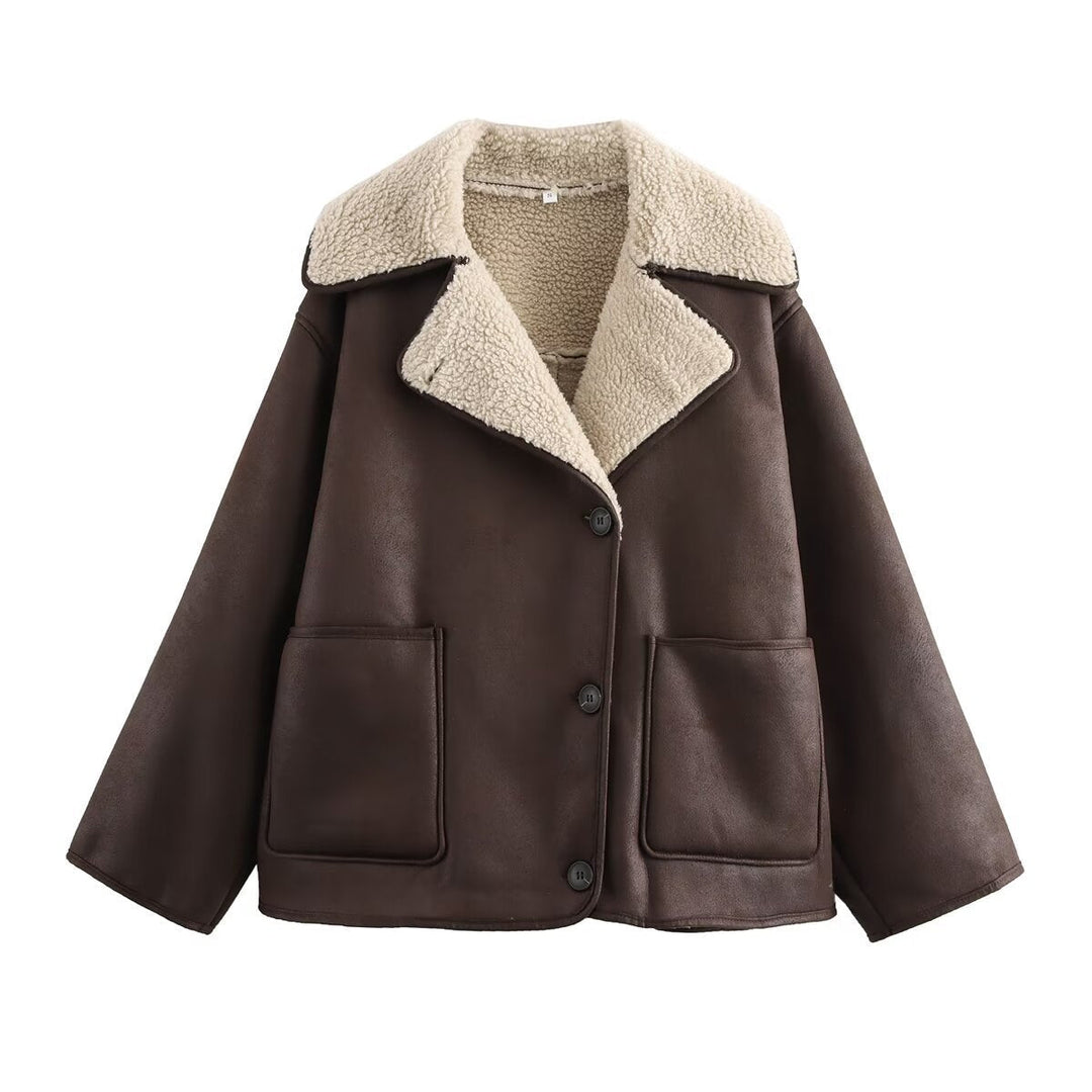 Women Short Lambskin Look Jacket in Boxy Cut with Shawl Collar and Patch Pockets
