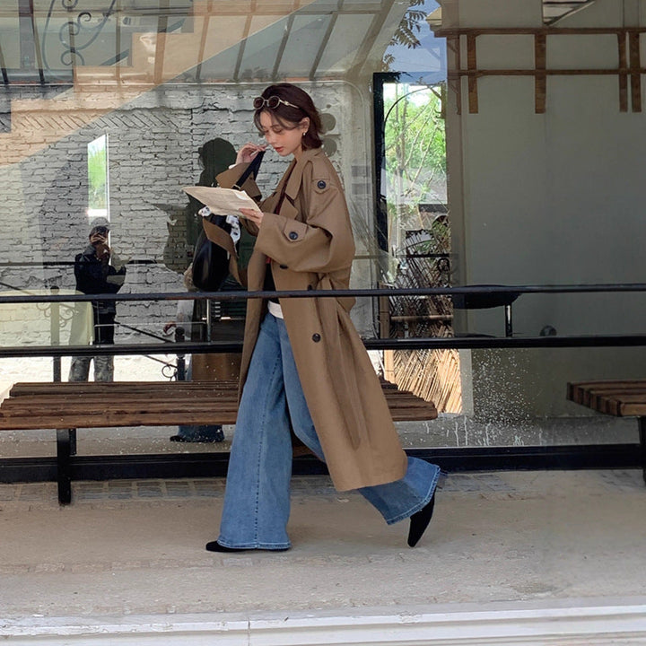 Women’s Long Trench Coat in Oversize Look with Belt and Shoulder Patches