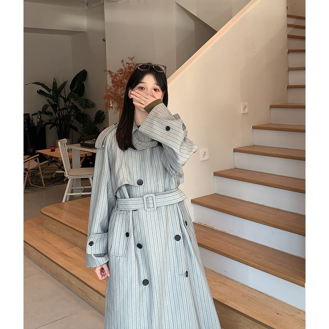 Women’s Long Pinstripe Trench Coat with Tie Belt Shoulder Straps and Flared Hem