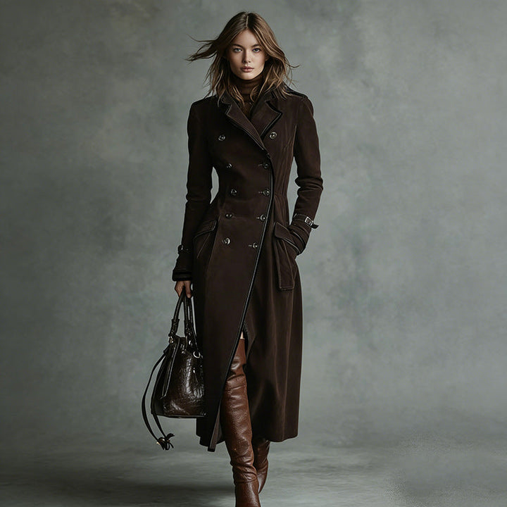 Women Longer Tailored Trench Coat in Suede Look with Double-Breasted Button Placket and Buckle Cuffs