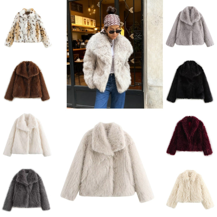 Women short cut boxy faux fur coat with shawl collar