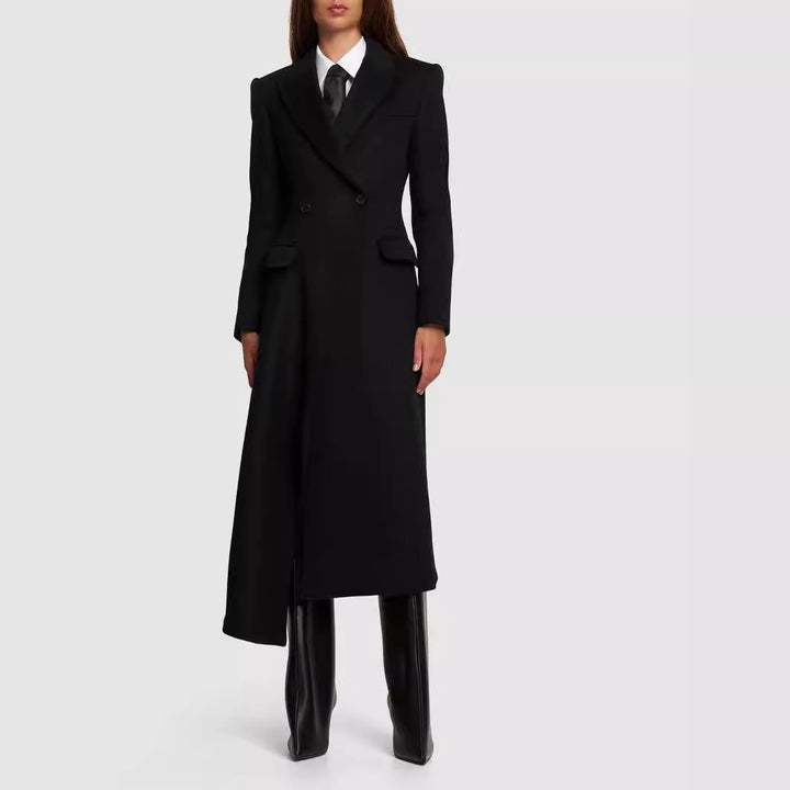 Women Maxilength Asymmetrical Double-breasted Blazer-Coat with Emphasized Shoulder