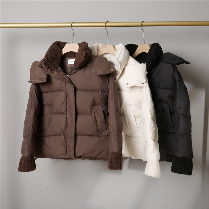 Womens non-padded short jacket in boxy cut with sherpa collar and adjustable drawstring hem