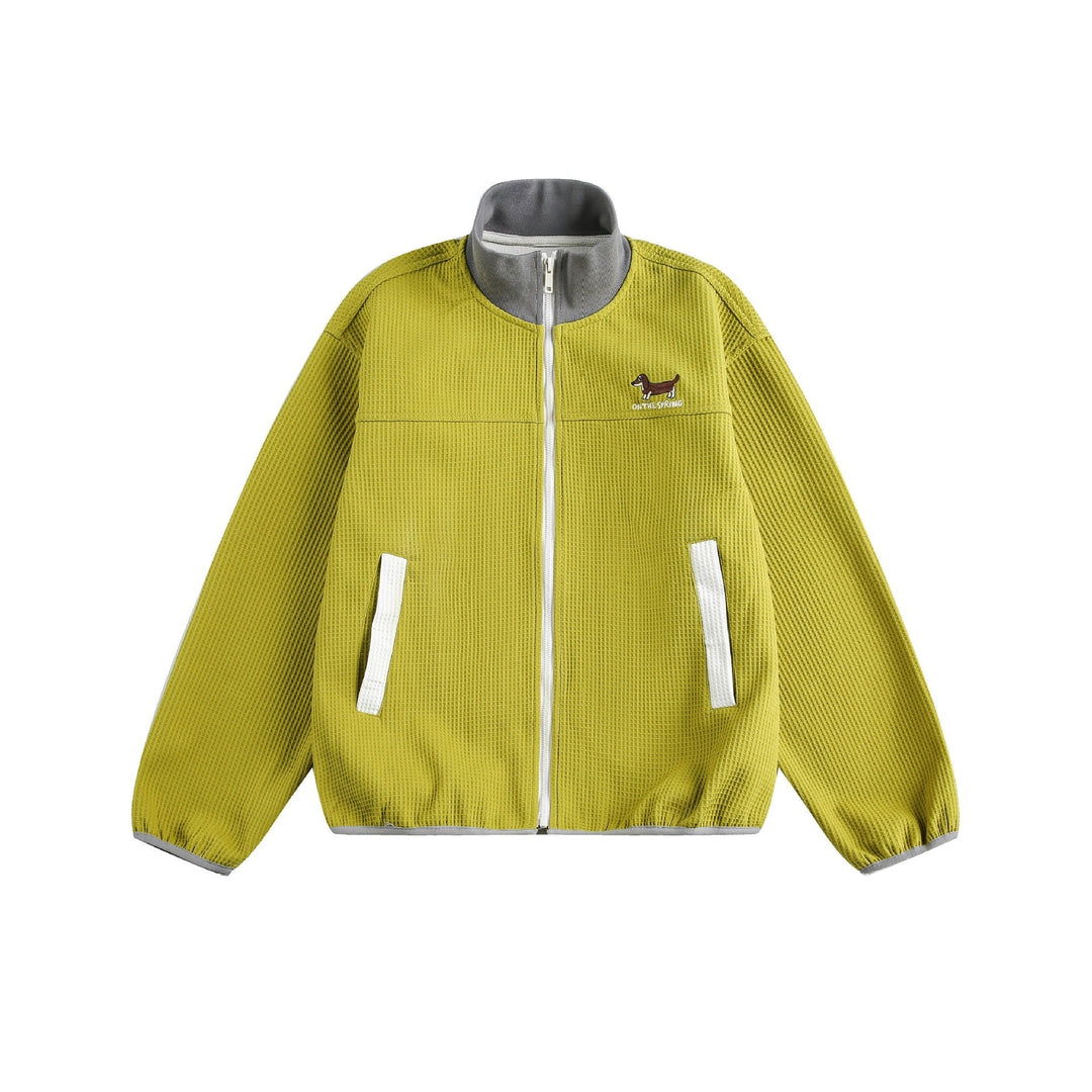Women’s waffle structure zip jacket in boxy cut with stand-up collar and dog embroidery