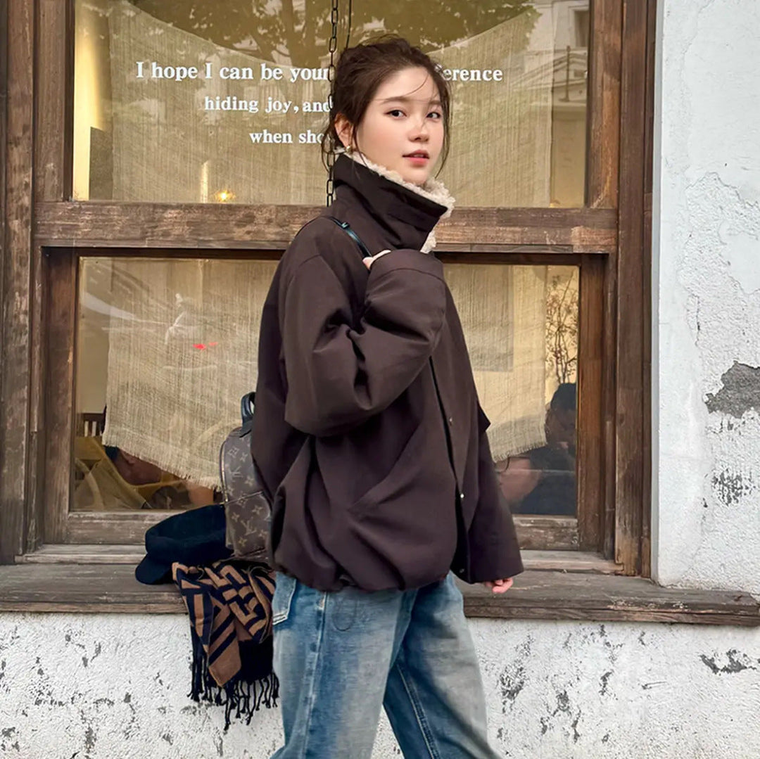 Ladies Short Oversize Boxy Jacket with Teddy Collar and Snap Button Closure