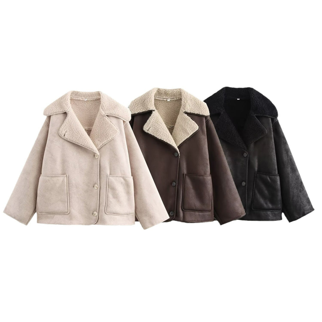 Women Short Lambskin Look Jacket in Boxy Cut with Shawl Collar and Patch Pockets