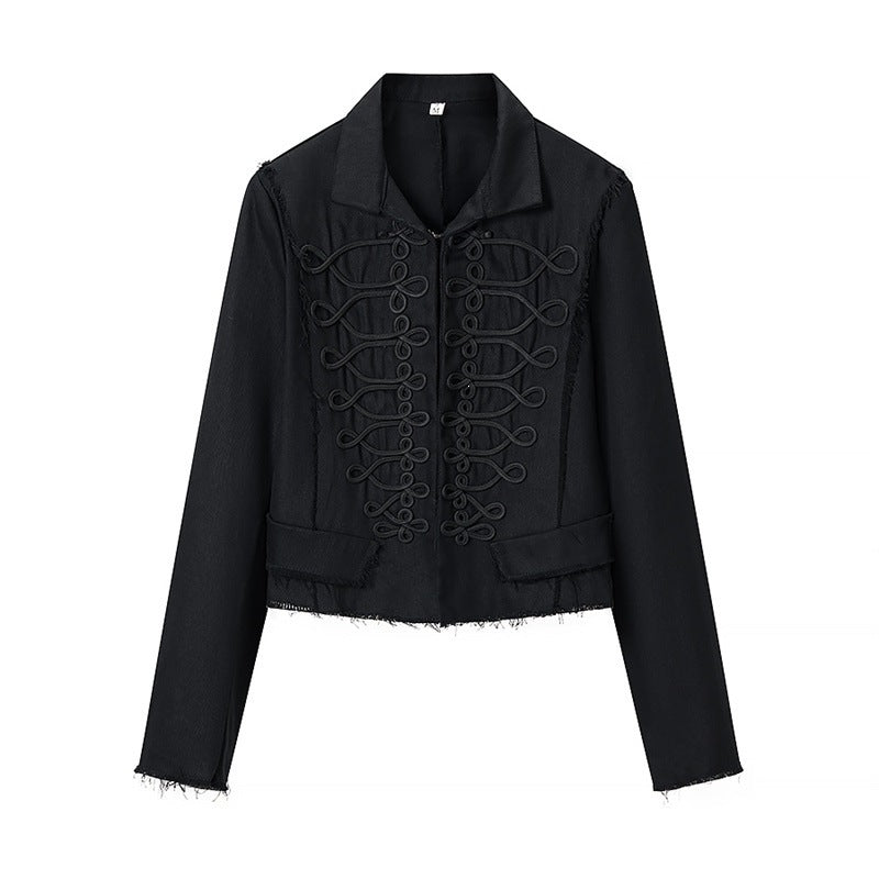 Women Cropped Military Inspired Jacket with Braid Application and Fringed Hem