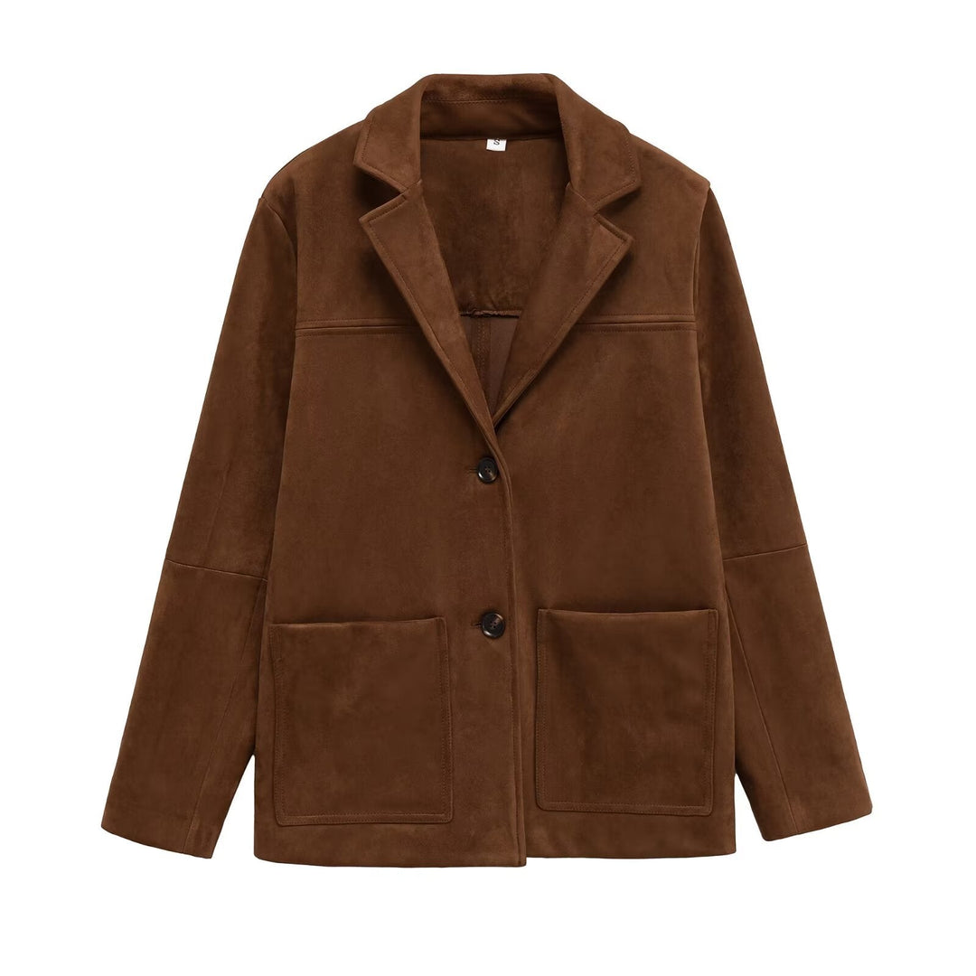 Women Short Suede-Look Coat with Notched Collar and Applied Pockets