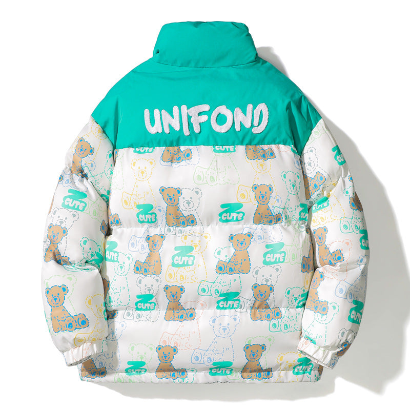 Unisex Quilted Teddy-Print Puffer Jacket with High Collar