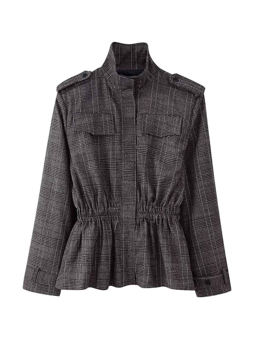 Women Tailored Transitional Jacket with Drawstring Waist and Stand-Up Collar