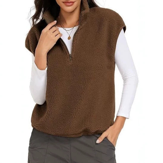 Women Sleeveless Teddy Fleece Vest with Half Zip and Stand Collar