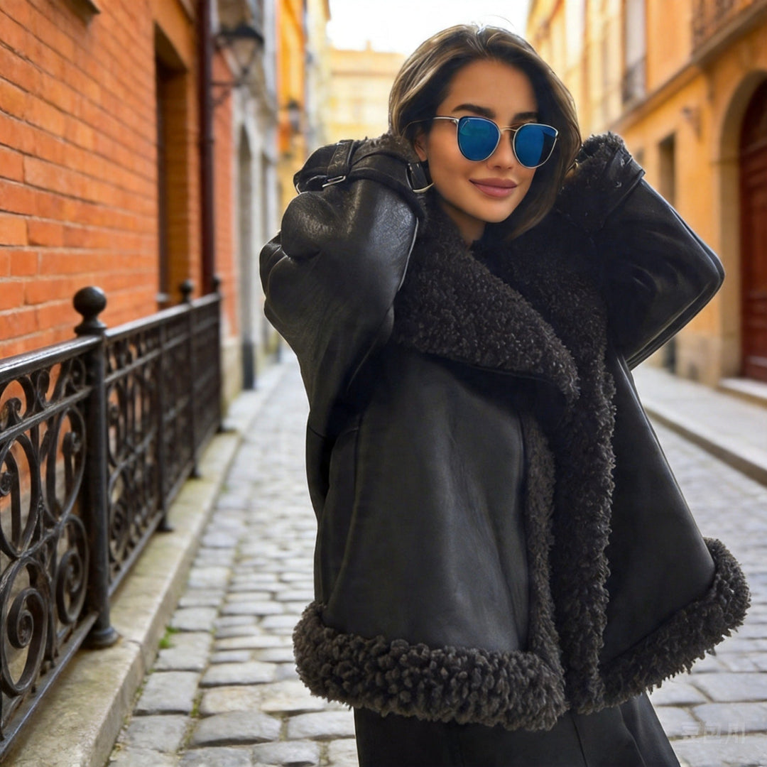 Women’s short-cut aviator leather jacket with teddy lining, large collar, and oversized silhouette