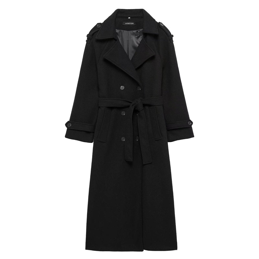 Women Long Double-breasted Trench Coat with Belt and Shoulder Straps