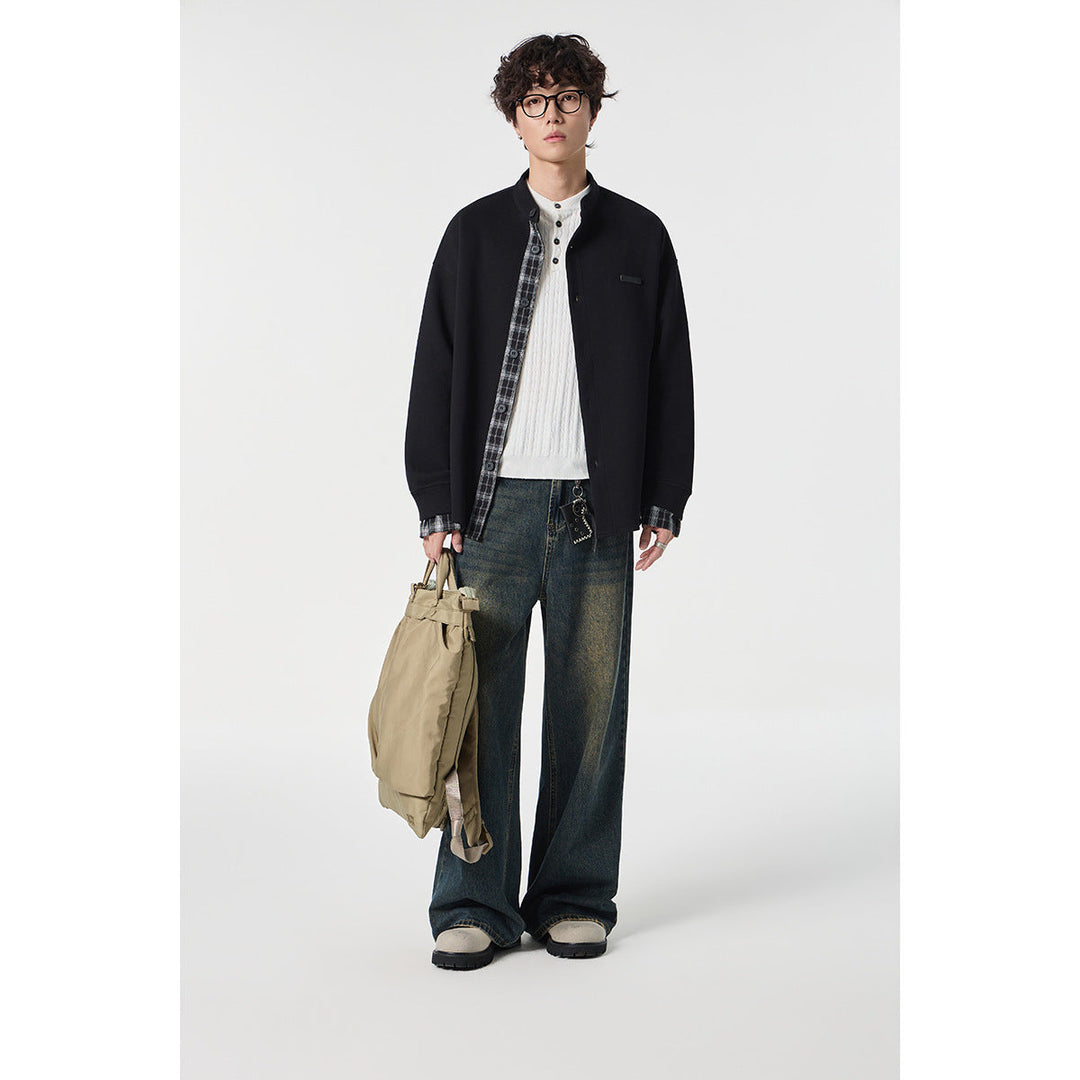 Unisex Oversized Shirt Jacket in Sweat Overlay with Stand-Up Collar and Checkered Inner Cuff