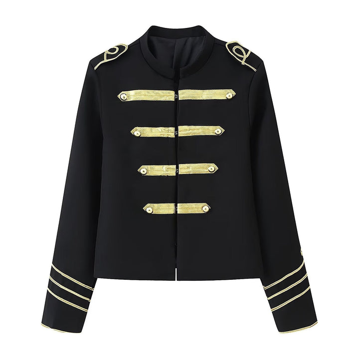 Ladies Cropped Military Jacket with Gold Embroidered Galloons and Stand-up Collar