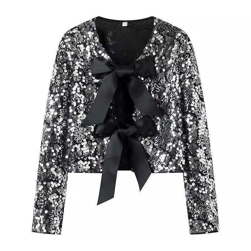 Women Sequin Bolero Jacket with Decorative Satin Bows