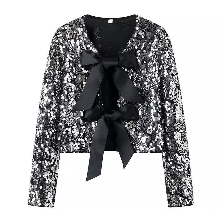 Women Sequin Bolero Jacket with Decorative Satin Bows