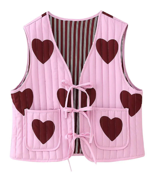 Women quilted vest with heart appliqués and ties