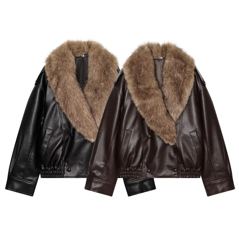 Women’s short-cut leather jacket with full fur collar and elastic hem