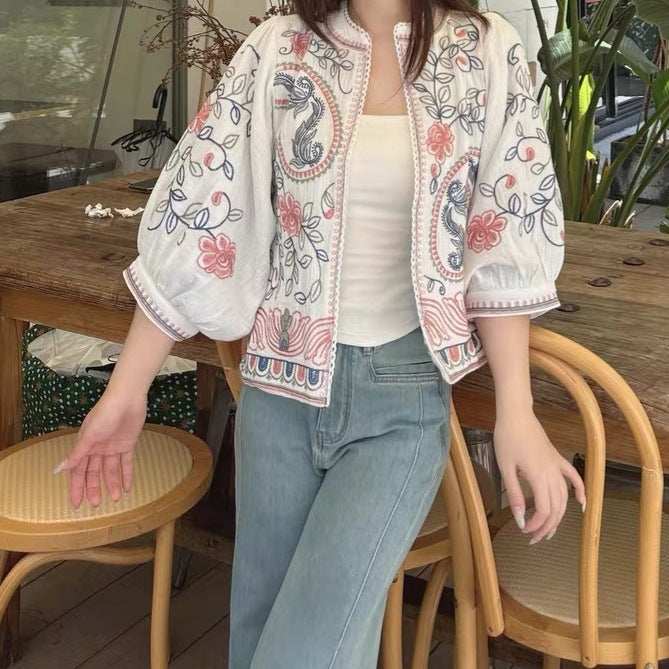 Women Quilted Kimono Jacket with Floral Embroidery