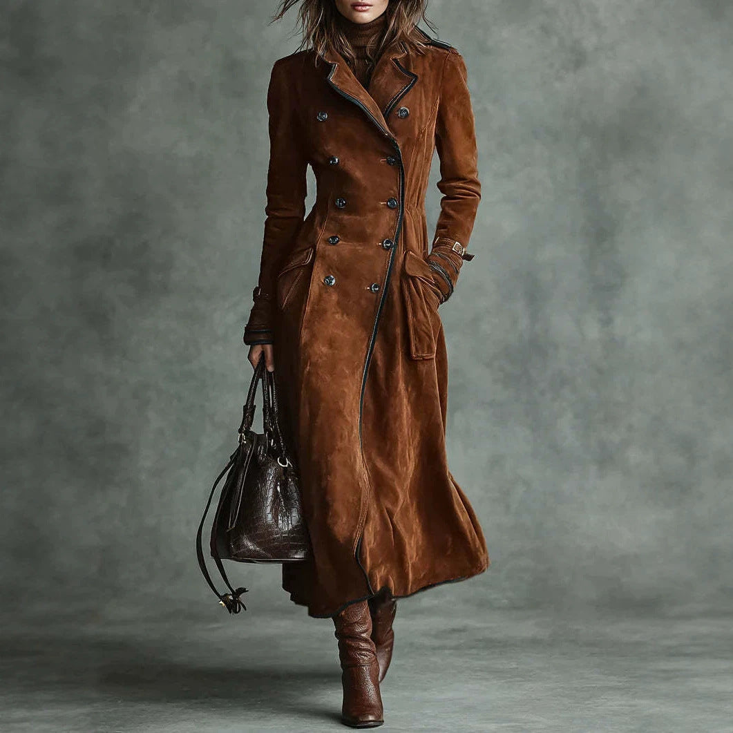 Women Longer Tailored Trench Coat in Suede Look with Double-Breasted Button Placket and Buckle Cuffs