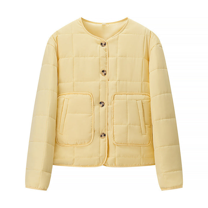 Women Lightweight Quilted Short Jacket with Crew Neck and Patch Pockets