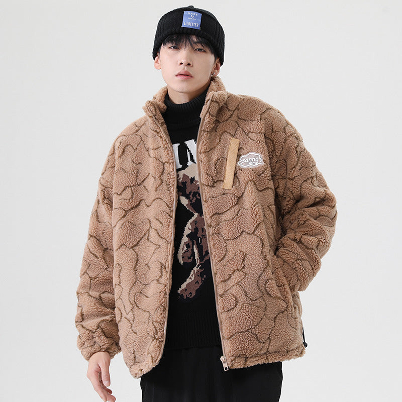 Women cosy teddy fleece jacket with stand-up collar and drawstring