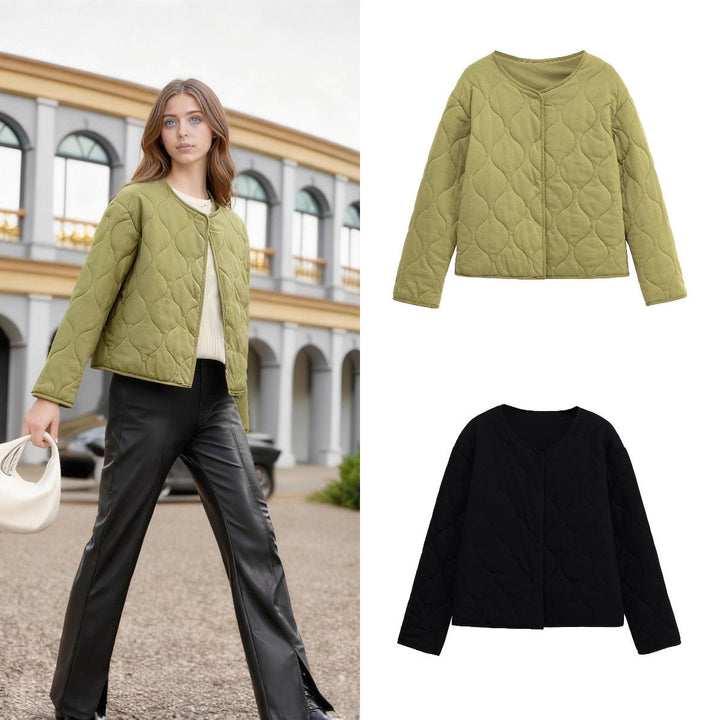Ladies Quilted Short Jacket in Oversized Cut with Round Neck and Wave Stitching