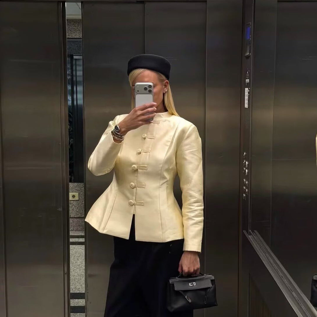 Women Tailored Short Jacket with Stand-up Collar and Decorative Toggle Closures