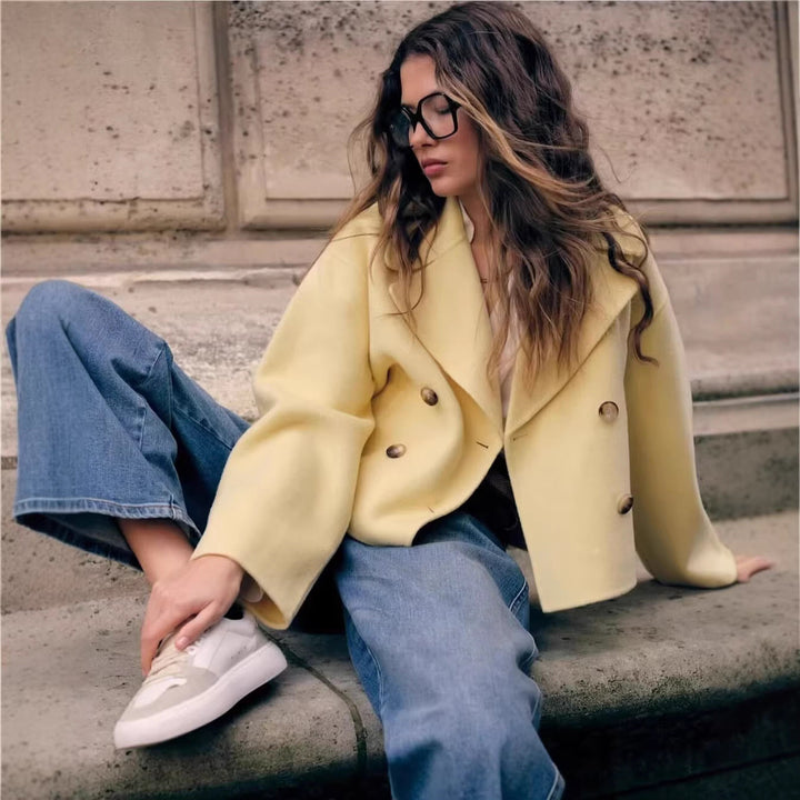 Women Short Oversize Wool Blend Double-Breasted with Wide Lapel