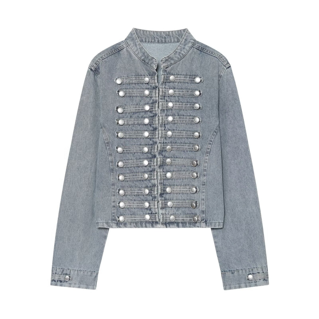 Ladies short cut denim jacket in military style with stand-up collar and decorative button rows