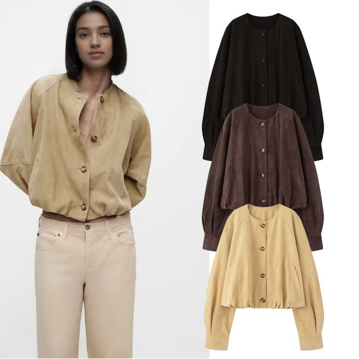 Women Short Blouson Jacket in Cropped Look with Round Neckline and Balloon Sleeves