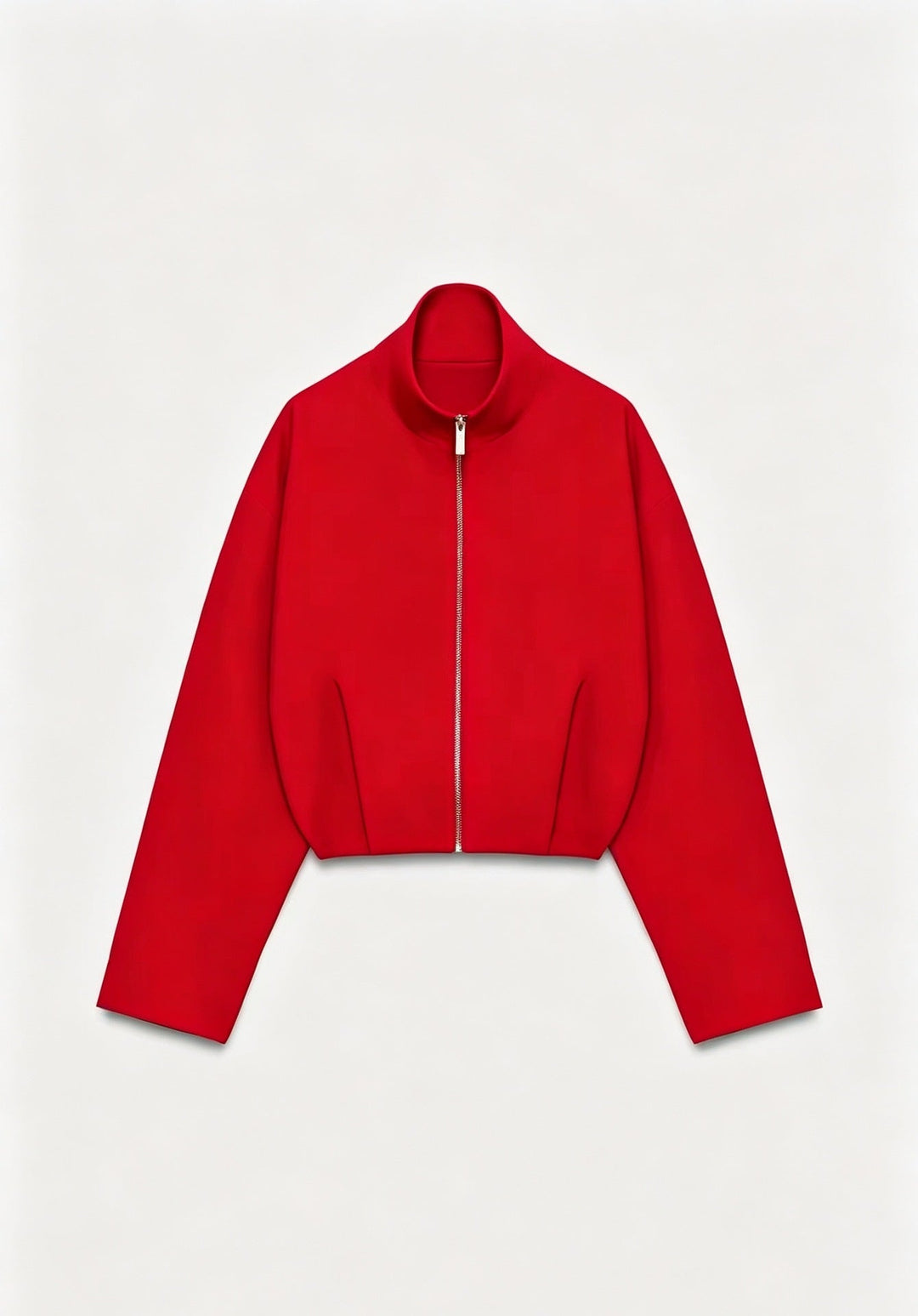 Women Short Boxy Jacket with Stand-up Collar and Visible Metal Zip