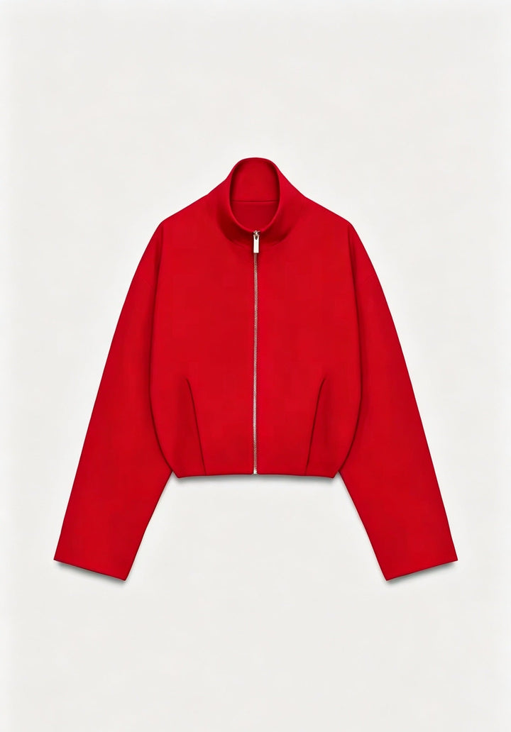 Women Short Boxy Jacket with Stand-up Collar and Visible Metal Zip