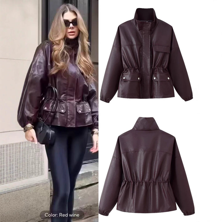 Women Faux Leather Parka with Stand Collar, Waist Drawstring, and Placket Pockets