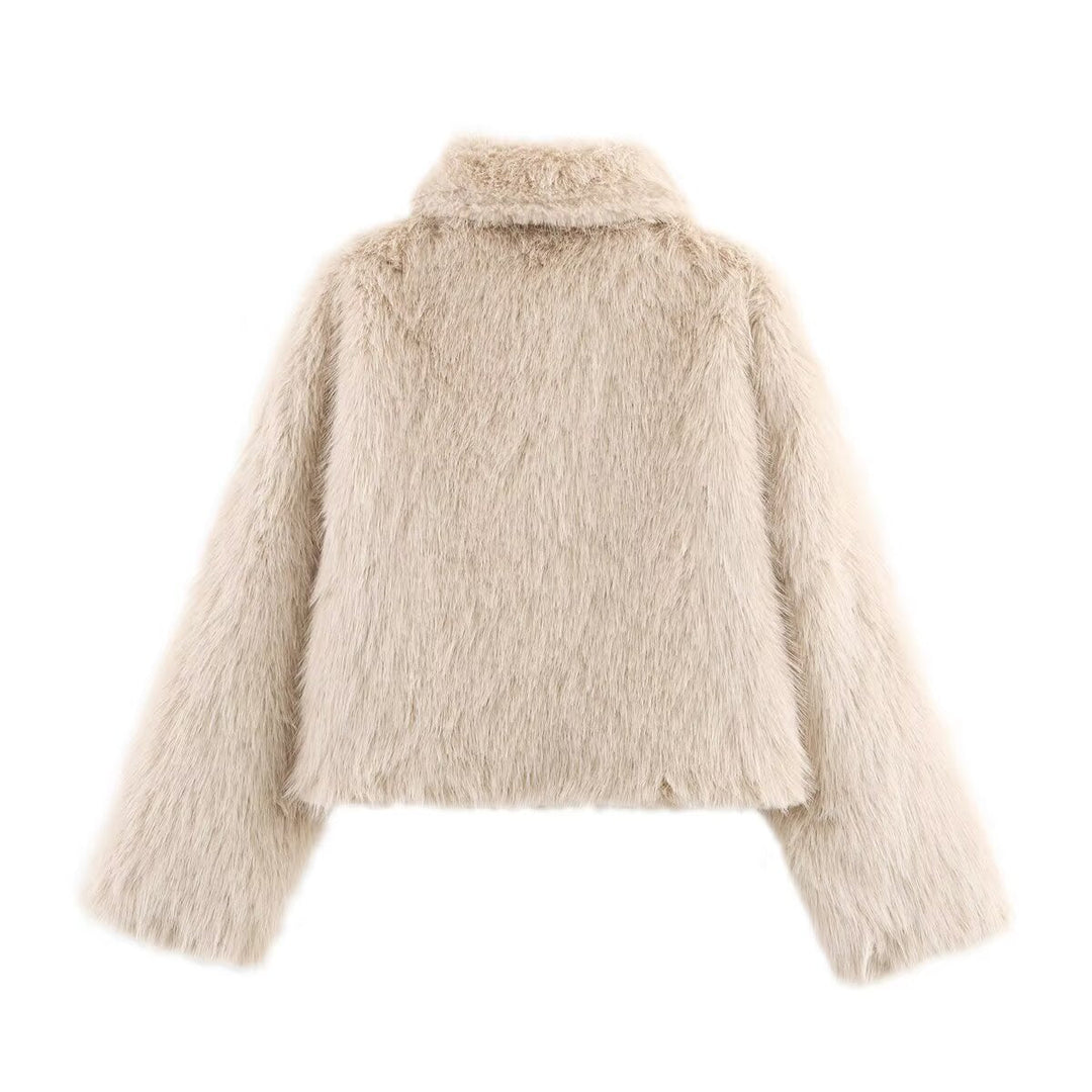 Ladies Short Fluffy Faux Fur Jacket with Lapel Collar and Straight Hem