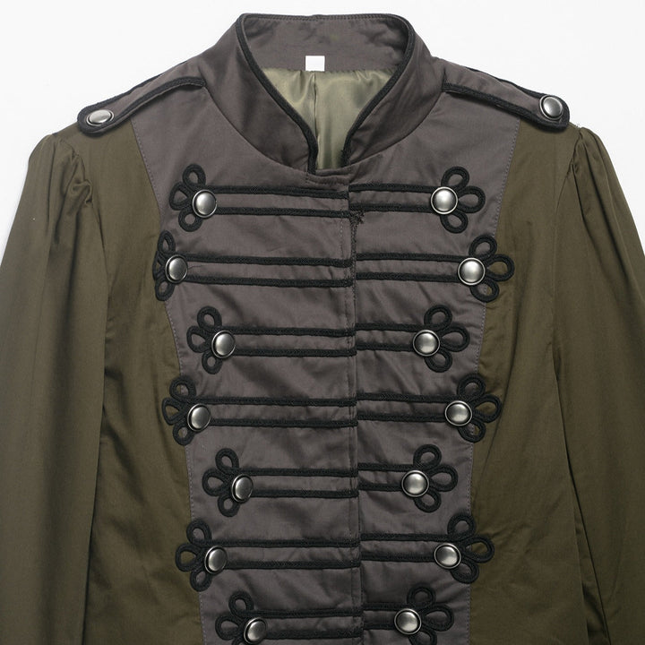 Ladies short jacket in military style with stand-up collar, decorative frog and epaulettes