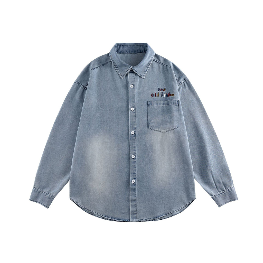 Unisex Oversize Denim Shirt Jacket with Rounded Hem and Embroidered Chest Motif