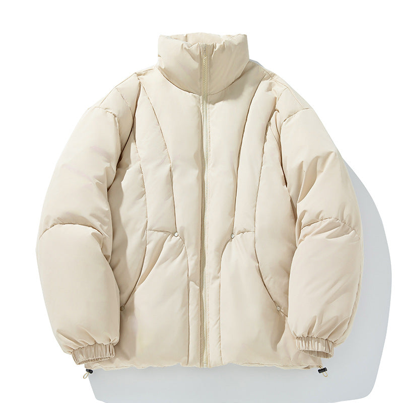 Unisex Boxy Puffer Jacket with vertical quilted design, high stand-up collar, and drawstring hem