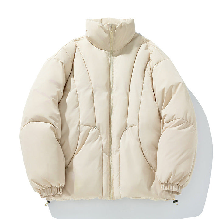 Unisex Boxy Puffer Jacket with vertical quilted design, high stand-up collar, and drawstring hem