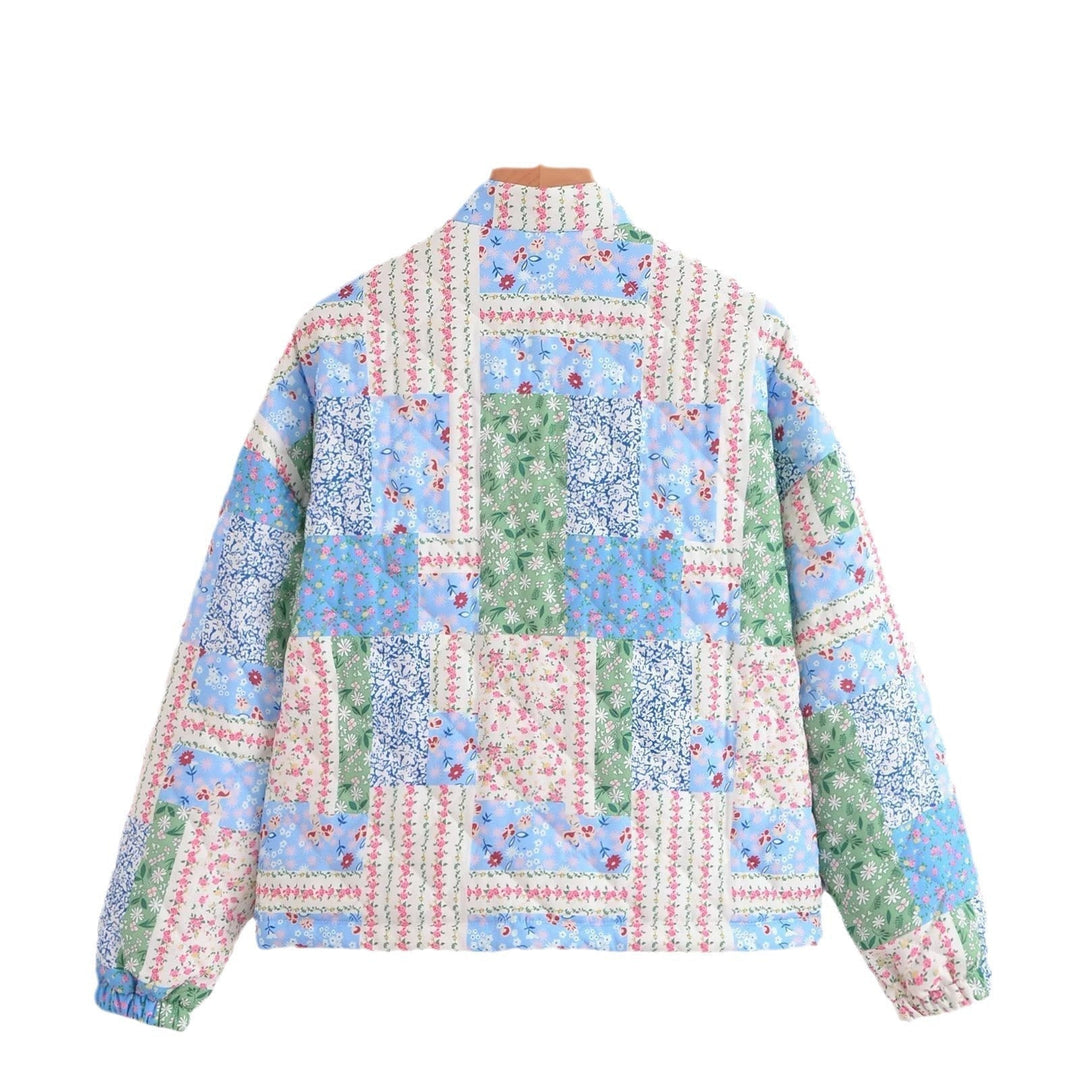 Women Padded Patchwork Quilted Jacket with Stand Collar and Snap Fastening